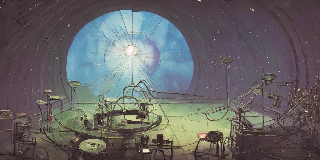 Image similar to illustrated 90s science lab interior with organic circular windows, natural starlight, bright colors, romantic greenery, flowers, cinematic, cyberpunk, smooth, chrome, lofi, nebula, calming, dramatic, fantasy, by Moebius, by zdzisław beksiński, fantasy LUT, studio ghibli, high contrast, epic composition, sci-fi, dreamlike, surreal, angelic, 8k, unreal engine, hyper realistic, fantasy concept art,