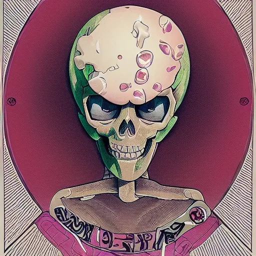 Prompt: anime manga skull portrait girl female bubblegum skeleton illustration hyperrealistic art Geof Darrow and will cotton alphonse mucha pop art nouveau