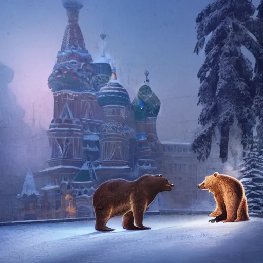 Prompt: smiling brown bear with vodka and balalaika in winter at streets of Moscow, sharp focus, fantasy style, octane render, volumetric lighting, 8k high definition, by greg rutkowski, highly detailed, trending on art Station