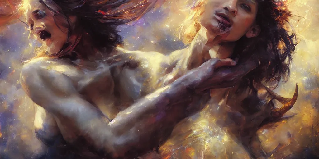 Image similar to portrait of a demon fell from a starry sky like a meteor. by Daniel F. Gerhartz, hyperrealistic oil painting, 4k, studio lightning, very detailed faces