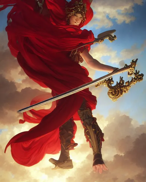 Prompt: A Full View of a Red Mage wearing striped shining armor and a feathered hat holding a staff of power surrounded by an epic cloudscape. Magus. Red Wizard. masterpiece. 4k digital illustration. by Ruan Jia and Artgerm and Andreas Rocha and William-Adolphe Bouguereau and Edmund Blair Leighton. award winning, Artstation, intricate details, realistic, Hyperdetailed, 8k resolution. Concept Painting. Key Art