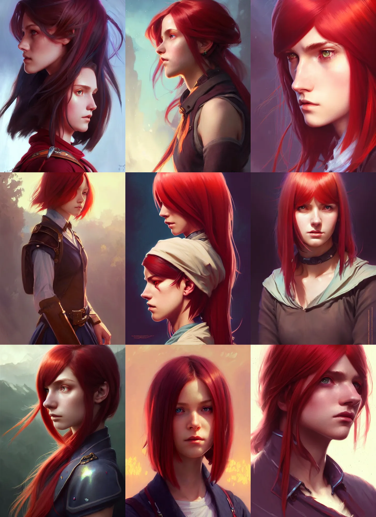 Prompt: side portrait rugged adventurer female, magic school uniform, dnd fantasy magic, long bob cut hairstyle, iridescent red hair, cinematic rim light, intricate, elegant, sharp focus, illustration, highly detailed, digital painting, concept art, matte, art by wlop and artgerm and greg rutkowski and alphonse mucha, masterpiece