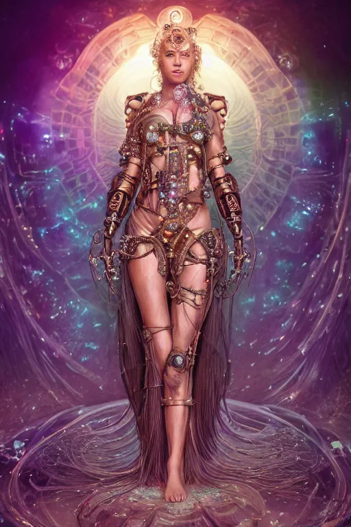 Image similar to a centered render of an alluring majestic post apocalyptic cyborg goddess wearing flowing silk gemstones and crystals and leather clothing surrounded by bio - luminescent jellyfish and sacred geometry, perfect body and face, gorgeous, cinematic, beautifully lit, by artgerm, by karol bak, by donato giancola, 3 d, trending on artstation, octane render, 8 k