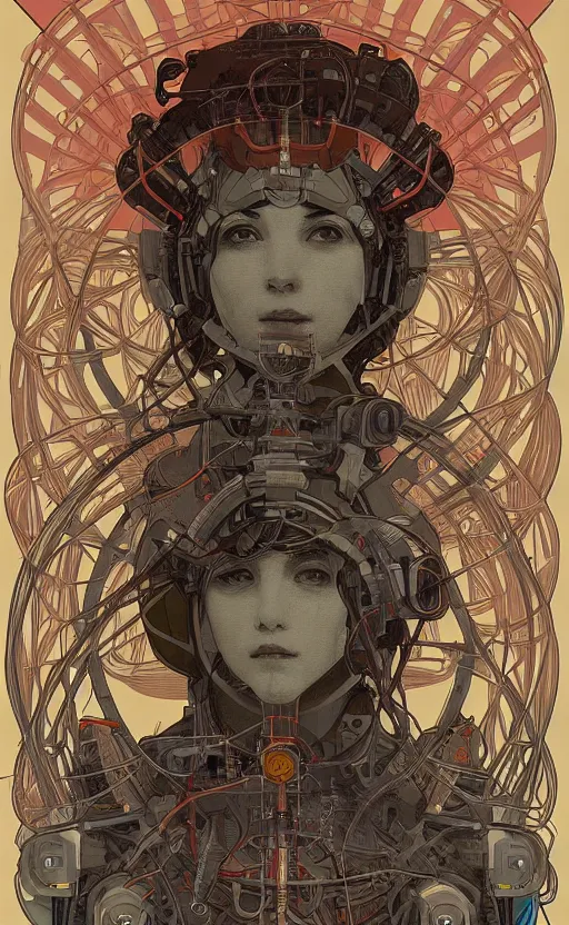 Prompt: upper half portrait of army mecha robot - wires and vines as poster design borders, art by alphonse mucha, highly detailed, digital painting, concept art, illustration, smooth sharp focus, intricate, symmetry, artstation, colourful,