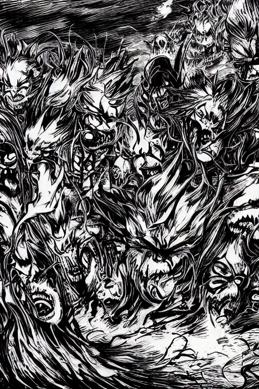 Prompt: demons attacking humans far away, fire, field, horror, trees, manga style,