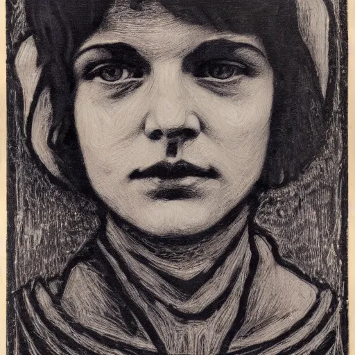 Prompt: portrait, american realist, woodcut, art nouveau ( 1 9 2 2 ), pyrrol scarlet, titanium white, prussian blue, stathmore 2 0 0, 3 5 mm, f 1. 4, grisaille, luminous