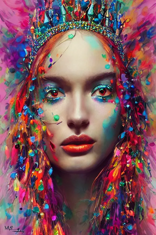 Image similar to a colorful psychedelic illustration of a fashion model wearing an alexander mcqueen beaded crown with beads hanging over her eyes, by magali villeneuve, artgerm, jeremy lipkin and michael garmash, rob rey and kentaro miura style, trending on art station