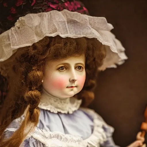 Image similar to close up portrait of a life size victorian doll standing in with a bicycle, 8 k, soft lighting, highly detailed realistic, face in focus 1 8 9 0's liminal