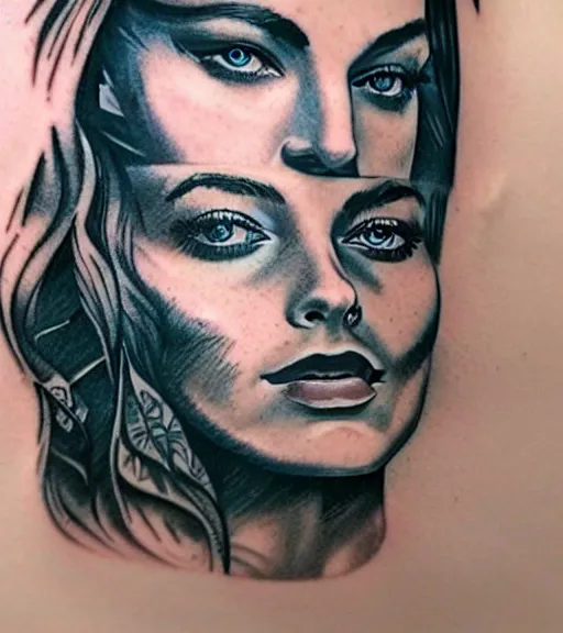 Image similar to tattoo design sketch of margot robbie and beautiful mountain scenery mash up, in the style of varo tattooer, surrealist, amazing detail, sharp