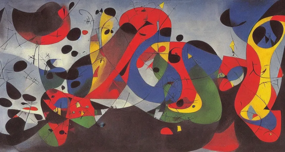 Image similar to an incredibly huge wave illuminated by anger and desire, played by muse and painted by joan miro, trending on artstation,