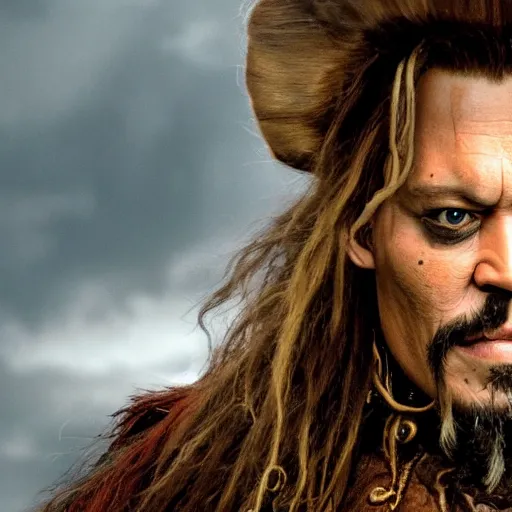 Image similar to stunning awe inspiring johnny depp as dwarf in a fantasy film, movie still 8 k hdr atmospheric lighting