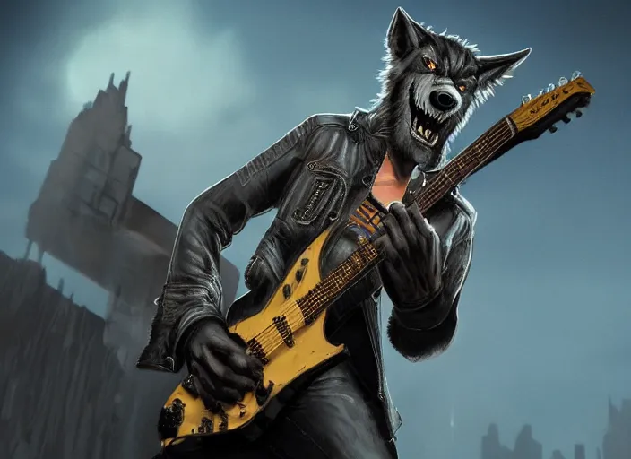 Prompt: werewolf rockstar, leather jacket, electric guitar, matte painting, artstation, high detailed, 4 k