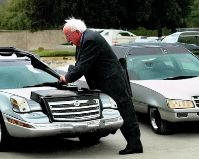 Prompt: bernie sanders smashing a 2001 cadillac deville into pieces with a sledgehammer