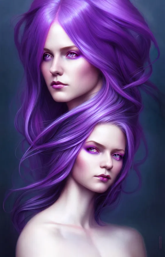 Image similar to Purple hair relistic Portrait of a woman with bright colored hair, all shades of purple. Hair coloring, long hair, blue eyes, fantasy, intricate, elegant, highly detailed, digital painting, artstation, concept art, smooth, sharp focus, illustration, art by artgerm and greg rutkowski and alphonse mucha