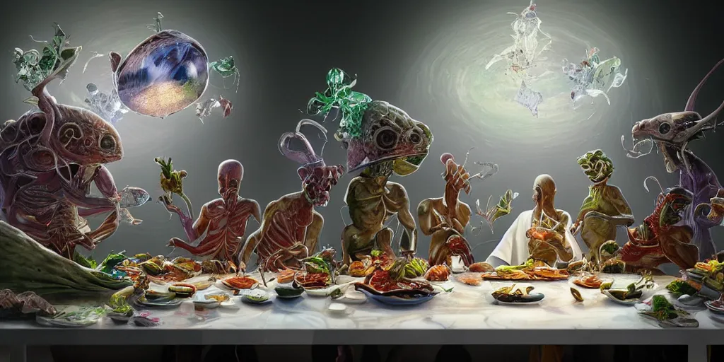 Prompt: !view from the kitchen, behind the chefs we see !13 diverse aliens enjoying a rich salad around a marble table, !positioned as last supper cinematic lighting, crystals and diamonds, fantasy, surreal, floating, highly detalied, 4k, artstation, by Wayne Barlowe