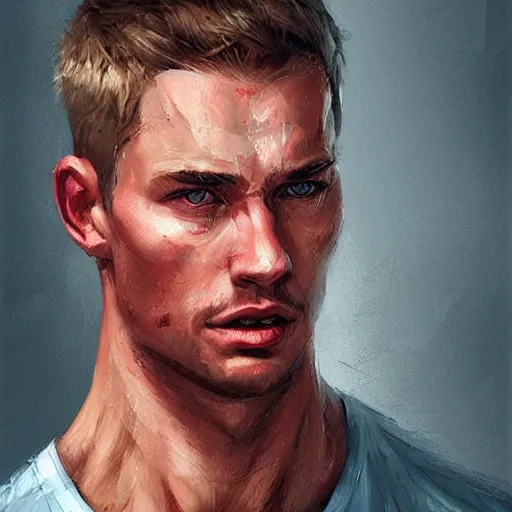 Image similar to Portrait of a man by Greg Rutkowski, he is about 30 years old, short blond hair, athletic and strong, straight jaw, wearing red tank top, older brother vibes, highly detailed portrait, digital painting, artstation, concept art, smooth, sharp foccus ilustration, Artstation HQ.