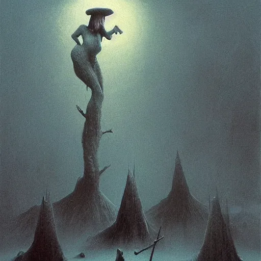 Image similar to witches by zdzislaw beksinski, color