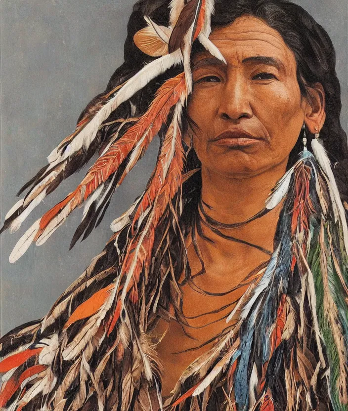 Image similar to full body shot picture of indigenous people young slim fit woman leader in canyon, painted by lucian freud, beautiful feathers, hd, super detailed, realistic