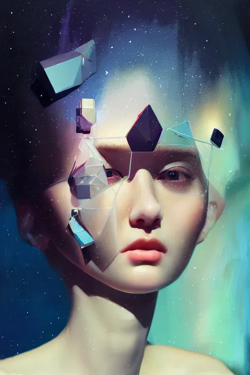 Image similar to 3 d, close - up, sleepy fashion model, plastic, deep night, stars, poster art, intricate oil painting, high detail, figurative art, multiple exposure, poster art, 3 d, by stanley kubrick and tooth wu and wlop and beeple