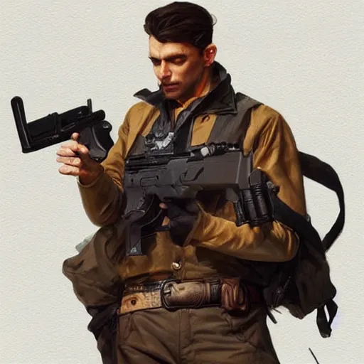 Image similar to mustle manly man holding a gun, elegant, dynamic pose, highly detailed, digital painting, artstation, concept art, matte, sharp focus, illustration, art by Artgerm and Greg Rutkowski and Alphonse Mucha