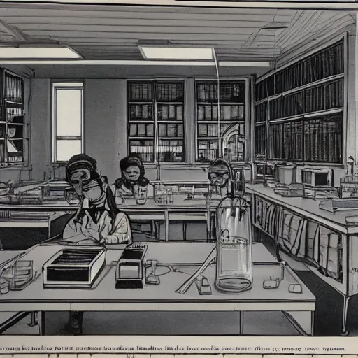 Image similar to a school science lab, by moebius