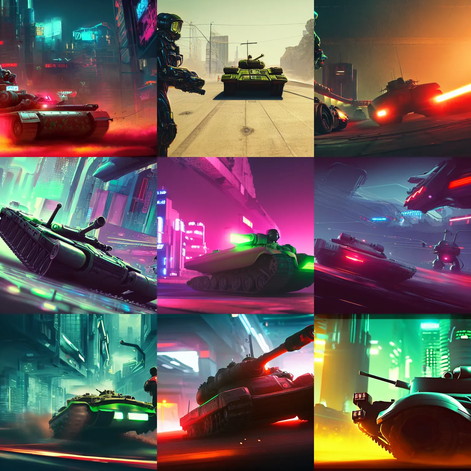 Prompt: photo of a man racing a tank on an alien cyberpunk neon planet, cinematic, atmospheric, 8k, trending on artstation