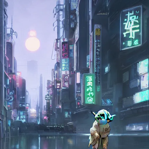 Prompt: Baby Yoda in future japan at night, concept art, fine details, studio ghibli, cinematic lighting, ghost-in-the-shell, cyberpunk,sci-fi, fantasy, intricate, elegant, highly detailed, digital painting, trending on artstation, concept art, smooth, sharp focus, illustration, by james gurney and greg rutkowski