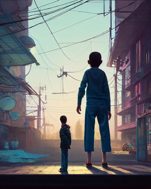 Image similar to kid standing in front of the tailor shop, staring at the mannequin, calming, uplifting mood, ultra realistic, factory, funny, highly detailed, epic lighting, illuminated, cinematic, morning, art by eddie mendoza and simon stalenhag