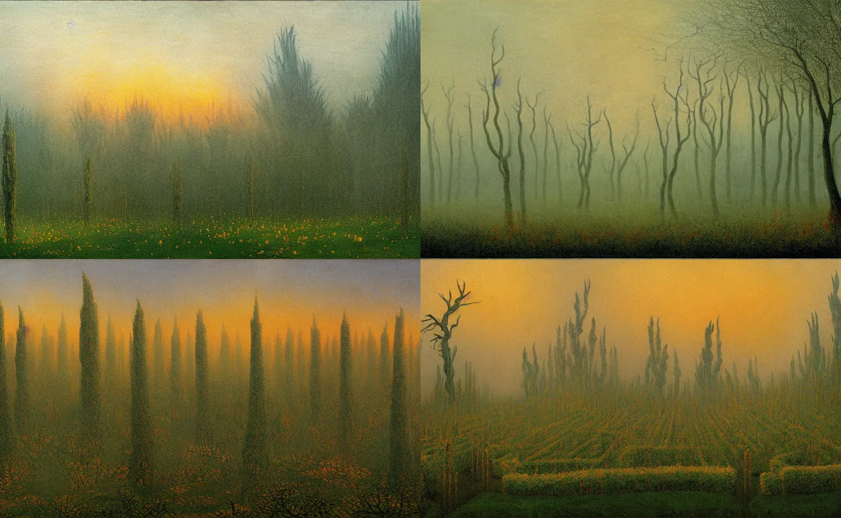 Prompt: a surrealist painting of a hedge maze on fire, misty air, painted by Caspar David Friedrich, dream-like