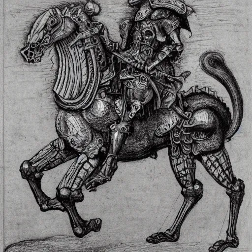 Prompt: skeleton warrior in a fire horse with a very ornate armor, very detailed, complex drawing, hyper detailed, renaissance, monochrome, albert durer style