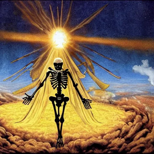 Image similar to a skeleton in Jesus Christ's shroud stanging on the earth sphere with an epic thermonuclear blast in background, praying for mercy
