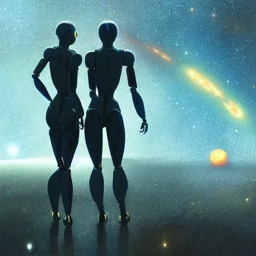 Prompt: digital painting of two humanoid robots hugging each other, supernova in the background, cosmic and stars and planets and galaxy, stunning, surreal, cinematic lighting, concept art by greg rutkowski and simon stalenhag