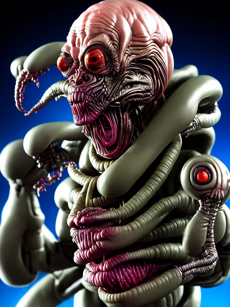 Image similar to hyperrealistic rendering fat smooth of john carpenter's they live alien by bernie wrightson and killian eng and joe fenton, product photography, action figure, sofubi, studio lighting, colored gels, colored background