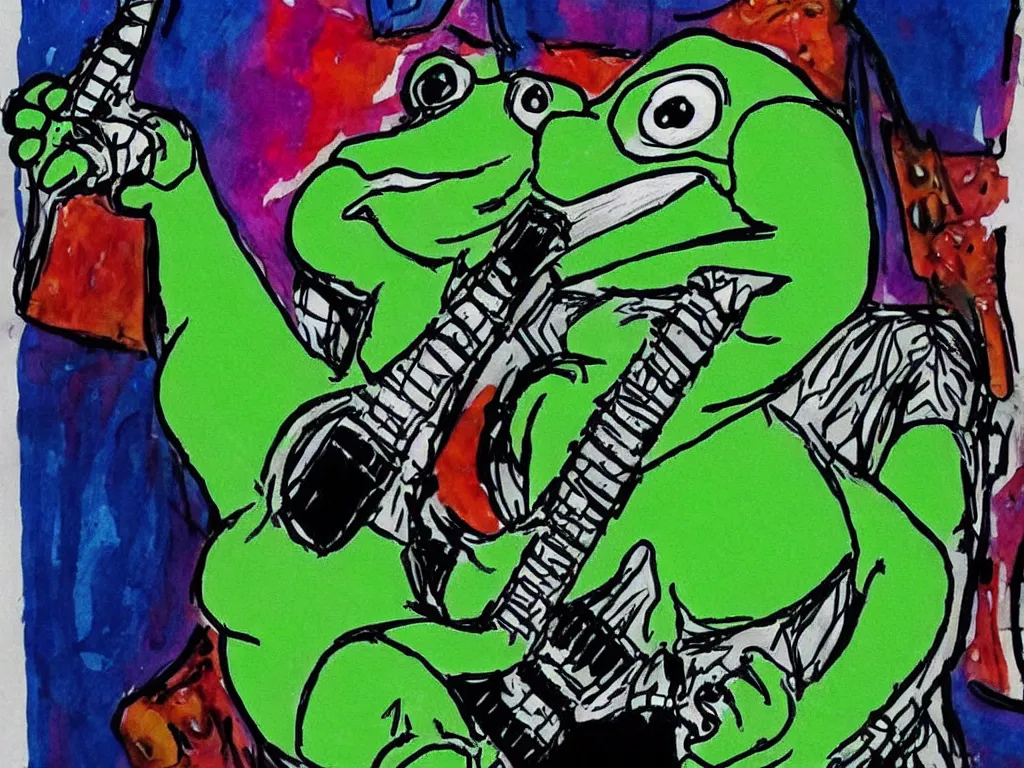 Image similar to children's illustration of pepe the frog as KISS band member in concert