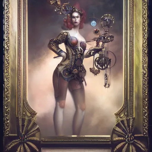 Prompt: by tom bagshaw, ultra realist vivid soft painting of a carnival of curiosities, single curvy etheral voung steampunk female in a full ornated armor gears, cables, led, flying machinery, partial symmetry accurate features, very intricate details, focus, award winning, ultra dense fog