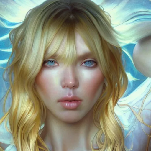 Image similar to A young woman with blonde long hair and bangs in shorts and white shirt drawn by Donato Giancola and Artgerm, face by Adam Hughes, Light by Julie Bell, design by alphonse mucha, background by James Jean and gustav klimt and John Marshall Gamble, 4k, volumetric lighting, french nouveau, trending on artstation, octane render, hyperrealistic