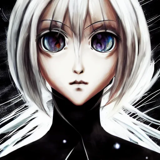 Image similar to Highly detailed Renaissance oil portrait of an anime girl with white hair and black eyes wearing three piece suit in the style of Yoshitaka Amano and Final Fantasy drawn with expressive brush strokes, abstract black and white background, film grain effect