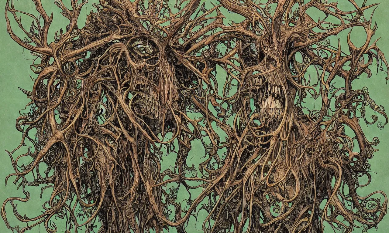 Image similar to hyperdetailed art nouveau portrait of treebeard as a cthulhu eyeball moose skull wendigo cryptid monster, by geof darrow, simon bisley and bill sienkiewicz, grim yet sparkling atmosphere, photorealism, claws, skeleton, antlers, fangs, forest, wild, bizarre, scary, lynn varley, lovern kindzierski, steve oliff