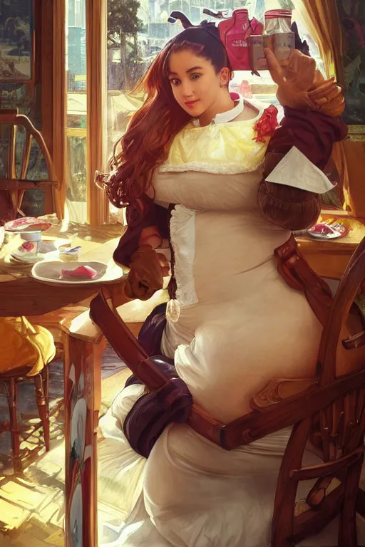 Image similar to obese cottagecore Ariana Grande , food addiction and fat rolls, inside a mc donalds, intricate, elegant, highly detailed, digital painting, artstation, concept art, smooth, sharp, focus, illustration, art by artgerm and greg rutkowski and alphonse mucha