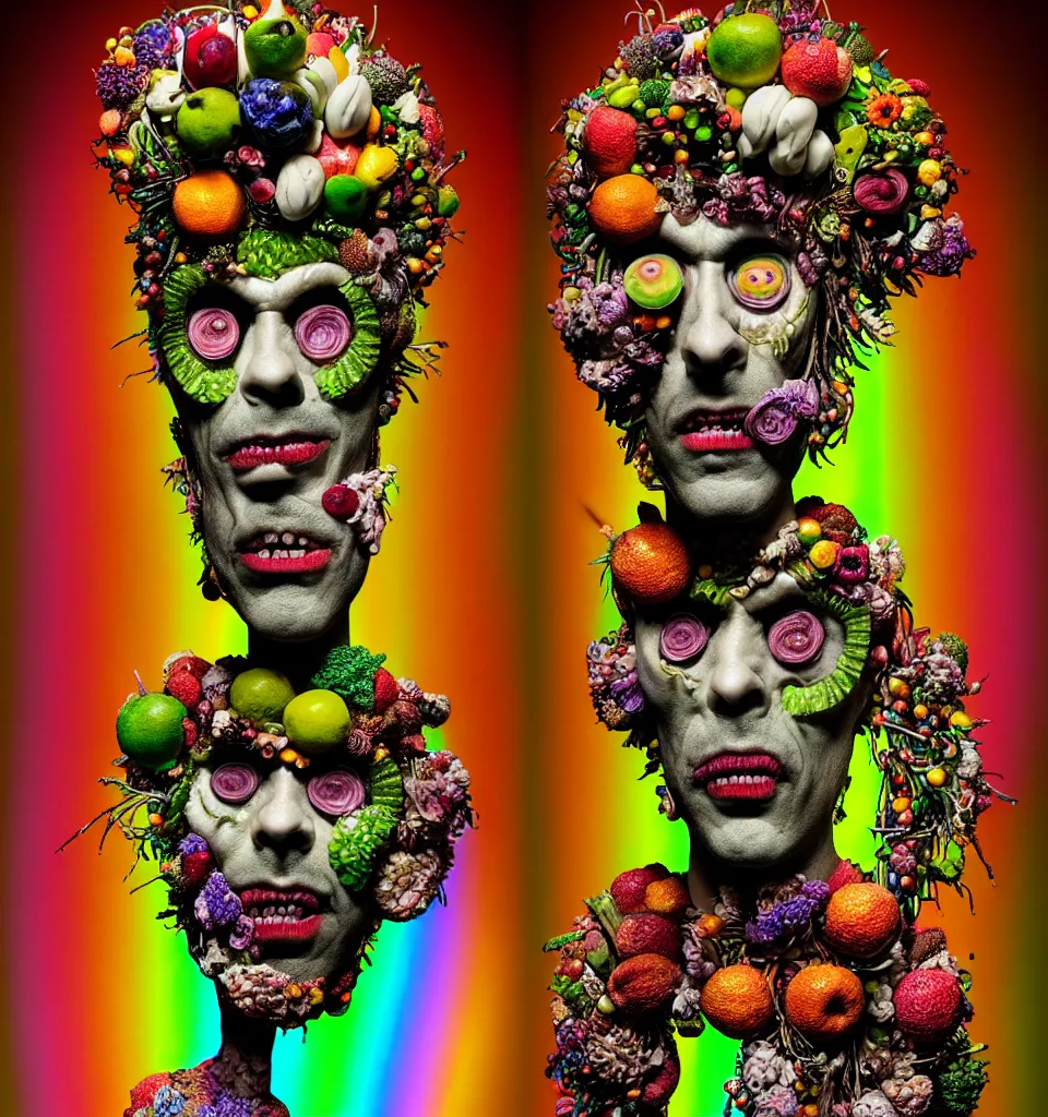 Prompt: portrait of a trickster nature spirit, undead, head made of fruit gems and flowers in the style of arcimboldo, philip taaffe, david altmejd, pop art, action figure, clay sculpture, claymation, green and neon lighting, rainbow stripe background