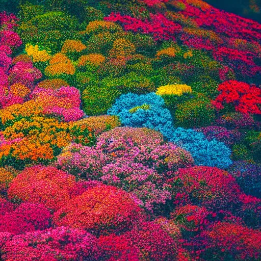 Image similar to Millions of colorful flowers blossoming, climax, overwhelming, brilliant, surreal, cinematic, epic, 8k, sharp focus, color grain 35mm, tilt-shift, dslr