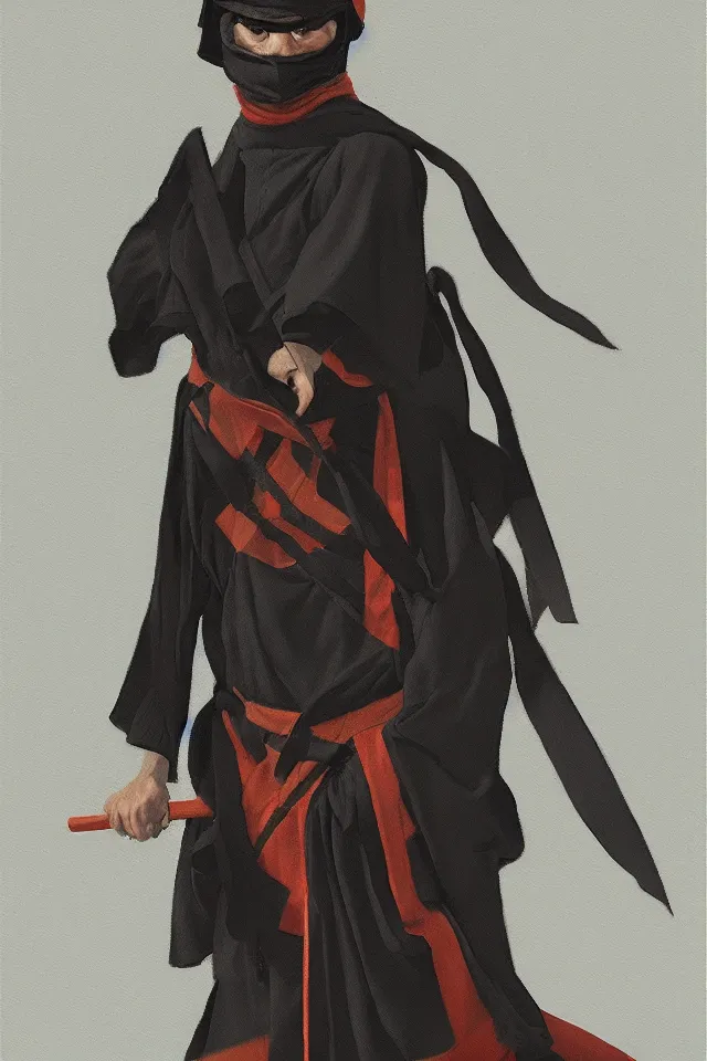 Image similar to sfumato renaissance oil painting of a ninja shaman, modern minimal isei miyake outfit, in the style of syd mead, jeremy cowart, concept art