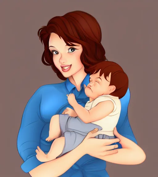 Image similar to a mother with short shoulder length dark auburn hair, short and curvy and a slightly chubby face holding her infant son with short brown hair full color digital illustration in the style of don bluth, artgerm, artstation trending, 4 k