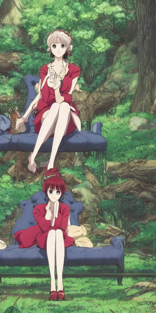 Image similar to a single queen sitting by herself on a sofa in a forest, drawn by CloverWorks, elegant, beauty, nurturing