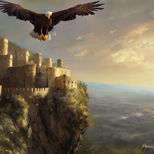 Image similar to an eagle soaring over the fortress of Masyaf by Marc Simonetti, 4K ultra-HD, very detailed