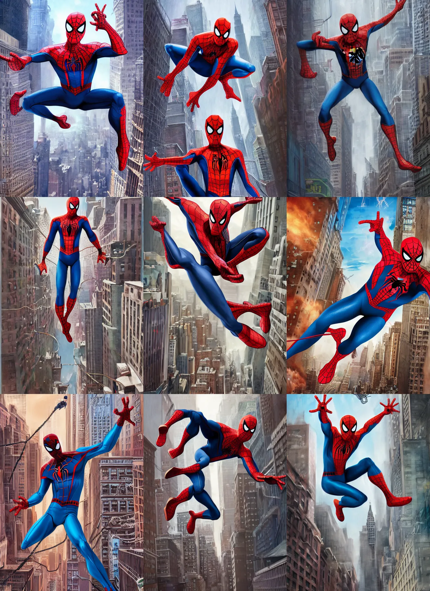 Prompt: very detailed full body concept character portrait illustration of peter parker spider man swinging through new york city, digital illustration, concept art, matte painting, digital painting, illustration, amazing value control, in the style of marvel legends box art, 8 k, ultra detailed, minimal artifacts, rubber suit, cinematic camera, realistic costume details, realistically rendered clothing, chromatic abberation