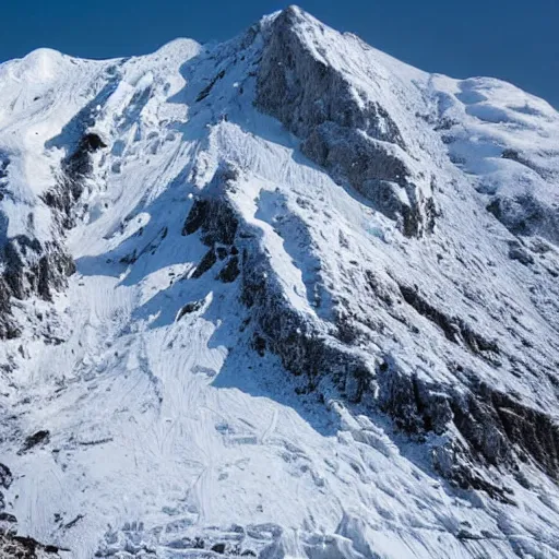 Prompt: A snow-capped mountain, where the only way to the top is through treacherous ice and snow, beautiful but deadly.