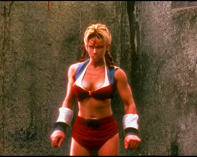 Prompt: a still of full body Elena, of Street Fighter, in the movie Hard Target (1993), HDR, high quality, 8k, highly detailed and intricate,