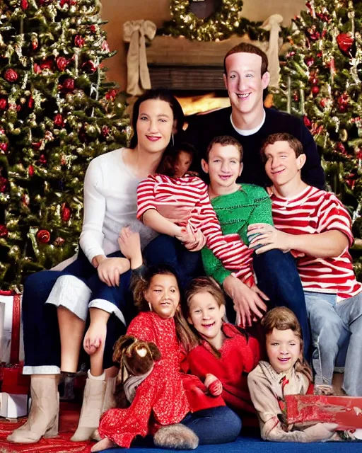 Image similar to postcard showing 'zuckerberg's christmas family pictures' laying on coffee table, zoomed out, HD, iphone capture