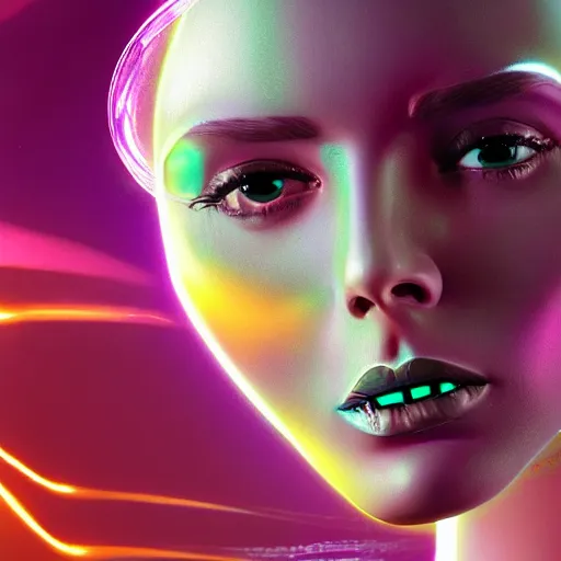 Image similar to celestial female robot, facial portrait, retro-futuristic, legendary epic shot, 90s make-up, galaxy space hunter, cyber implants, wires, low angle, dawn, by syd mead , airbrush, science fantasy, 90s ad, concept art, realistic matte painting, Smooth gradients, octane render, 8k, High contrast, duo tone, depth of field, volumetric lightning, very coherent, symmetrical, skin pore detail